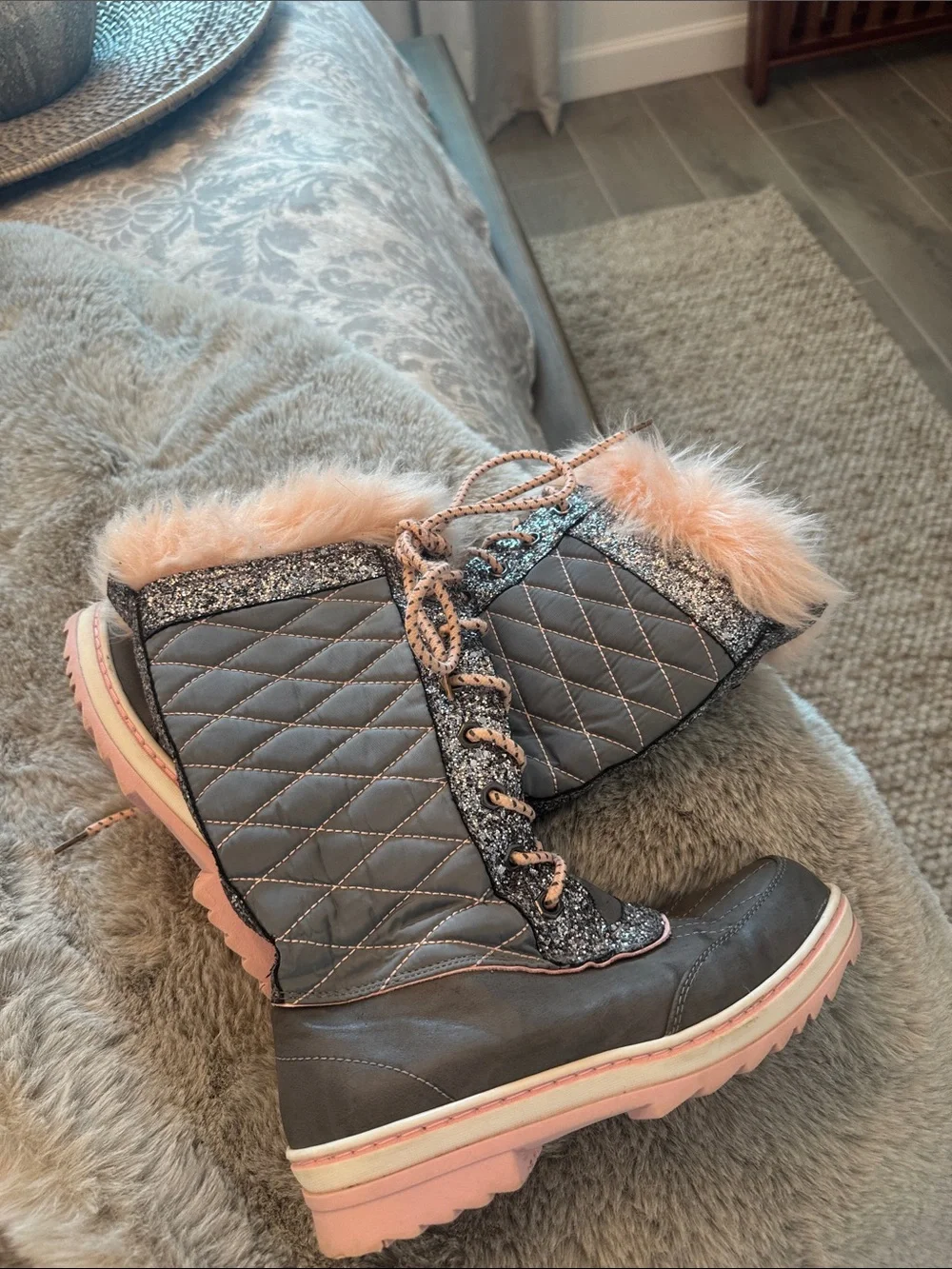 Justice Girls Quilted Gray Winter Boots with Pink Trim and Sparkles